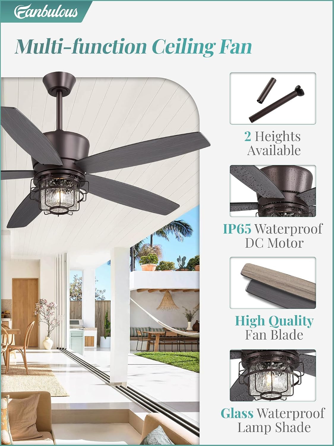 52" Outdoor Ceiling Fans with Lights and Remote Control IP65 Waterproof