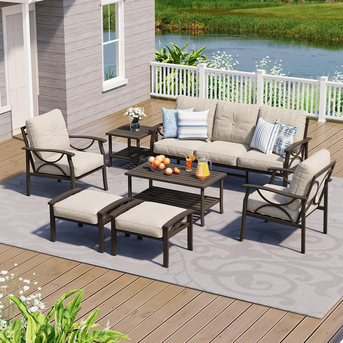7-Pieces Outdoor Patio Furniture Set, Outdoor Metal Sectional Furniture with Cushions, Outdoor Conversation Seating Set with Coffee Table for Backyard,Garden, Balcony, Deck, Backyard, Khaki