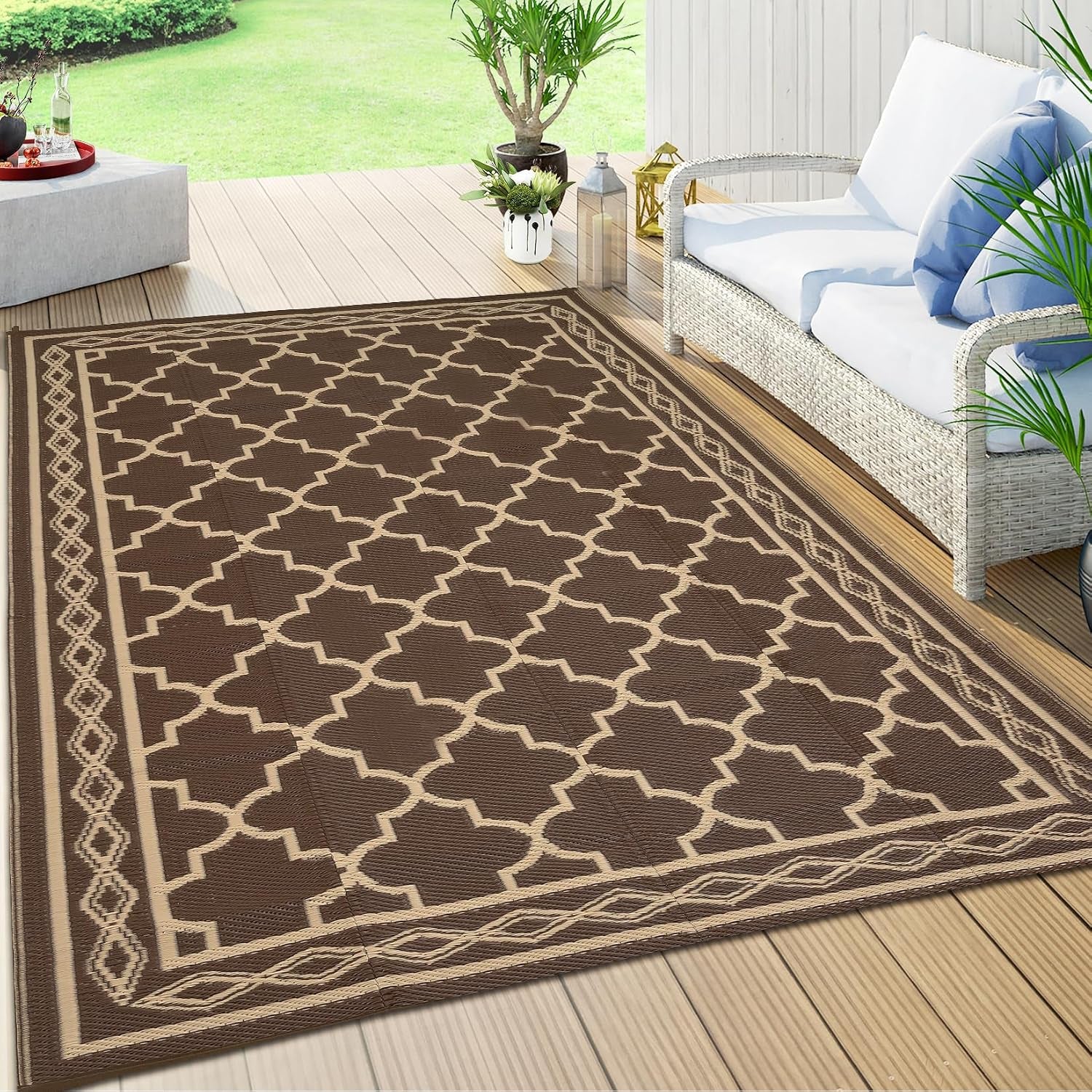 10X14 Outdoor Rug Waterproof Reversible Patio Rug Brown/Coffee
