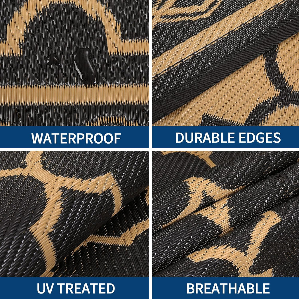 Outdoor Rug 9X18 Reversible Outdoor Plastic Area Rug Modern Decorative Carpet for Patio Deck Balcony, Waterproof Lightweight RV Mat for Porch,Camper,Backyard, Black/Brown