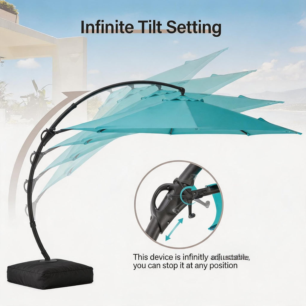 12FT Curvy Cantilever Patio Umbrella with Base, 360° Rotation Offset Outdoor Umbrella, Heavy Duty Hanging Umbrella for Backyard, Pool, Garden（Turquoise Blue）