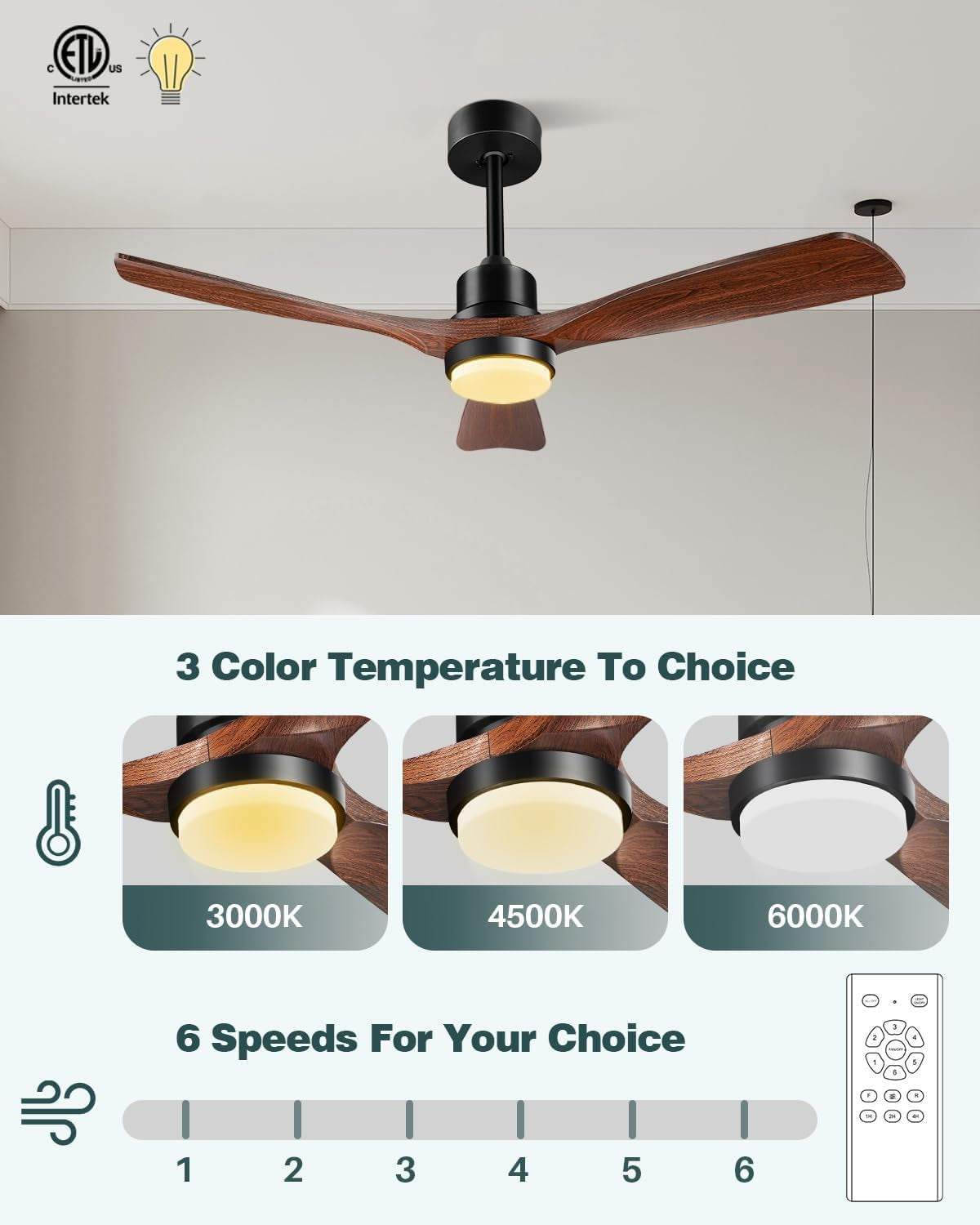 52" Smart Ceiling Fan with Light Alexa/App/Remote Control 3 Blade Walnut