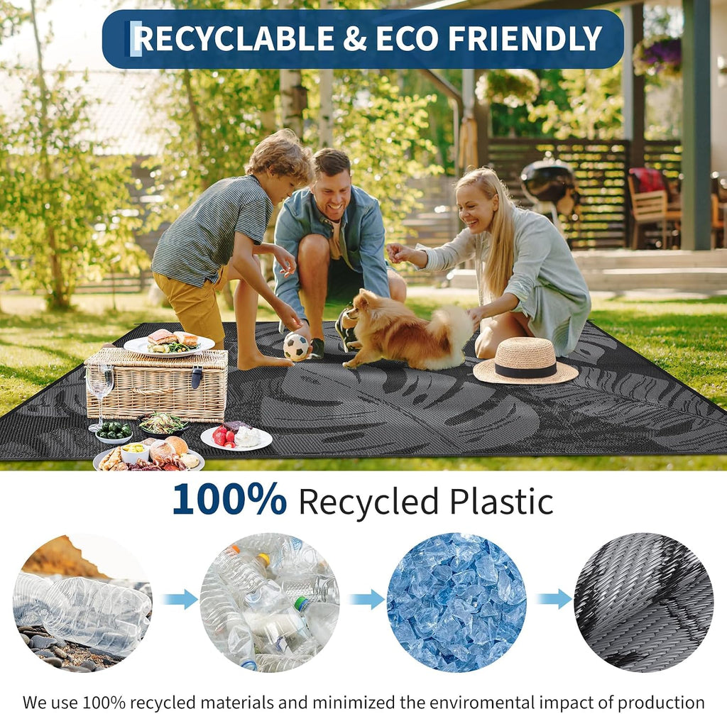 Outdoor Patio Rug 9X12 Waterproof Reversible Mat Leaf Tropical Outdoor Plastic Straw Rug with 4 Stakes and Starage Bag Portable Area Rug for Camping Porch Deck Rv Balcony Backyard Beach, Black