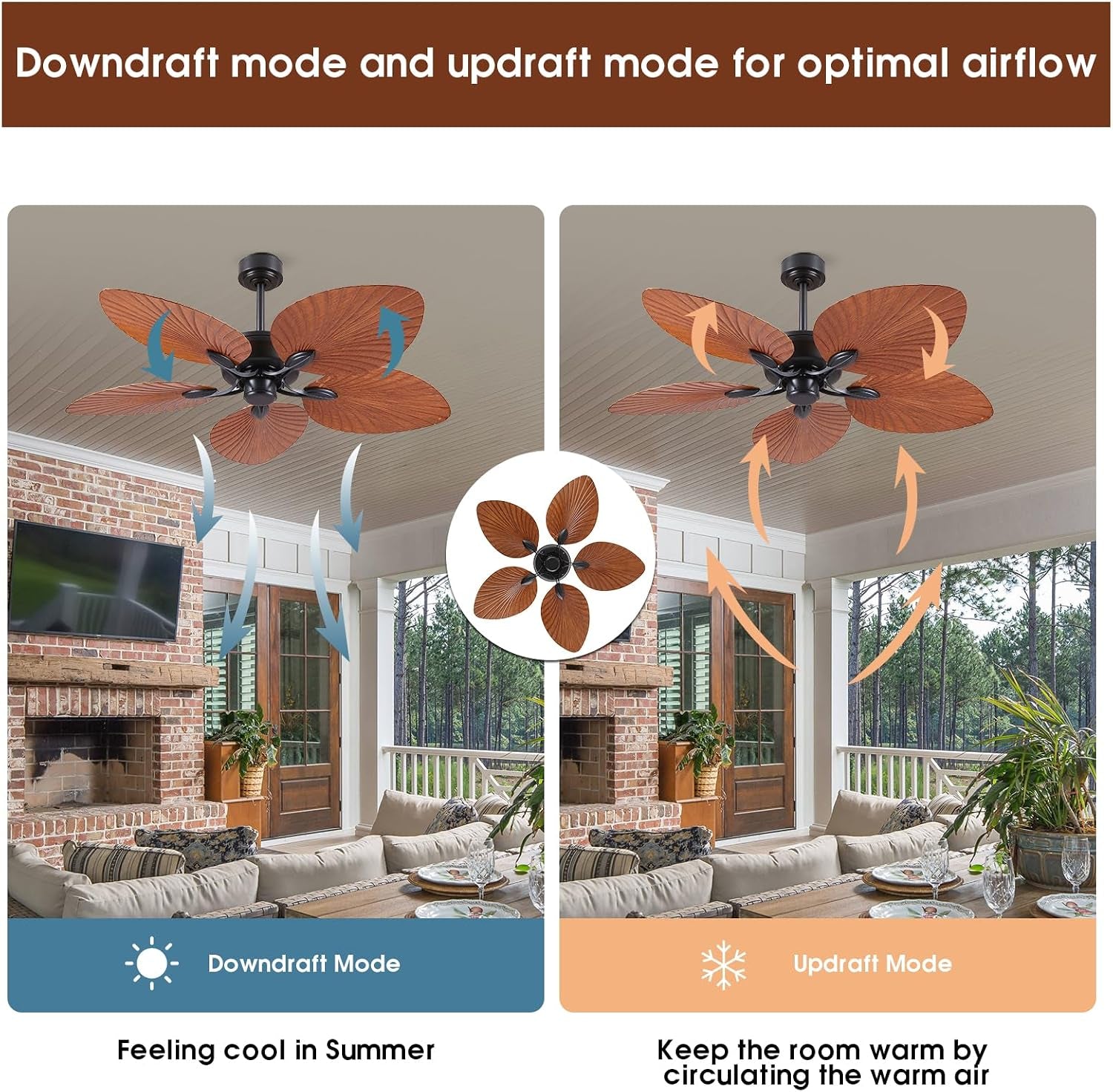 52 Inch Waterproof Outdoor Palm Leaf Ceiling Fans without Lights and Remote