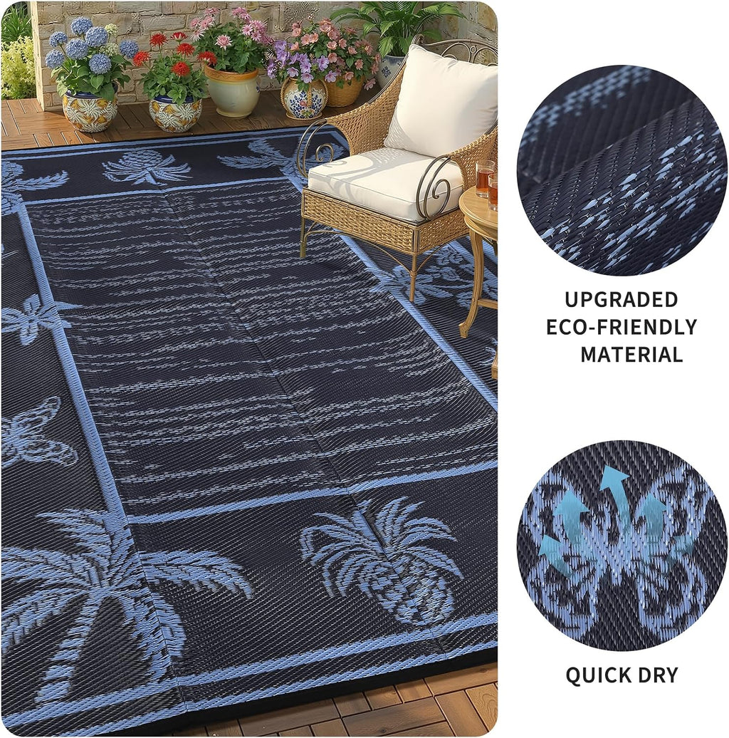 Outdoor Rug 8X10 Waterproof for Patios, Reversible Plastic Straw Rug, Tropical Leaf Indoor Outdoor Rugs, Large Area Rug for RV, Camping, Deck, Picnic Mat, outside Carpet