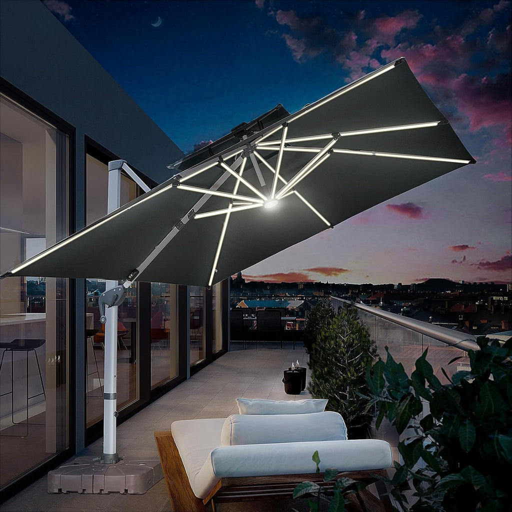 10X10 FT Square Cantilever Patio Umbrella with Solar LED Lights and Cross Base, 360° Rotation Large Heavy Duty Offset Outdoor Umbrella with Easy Tilt for Pool Backyard Deck Garden, Grey