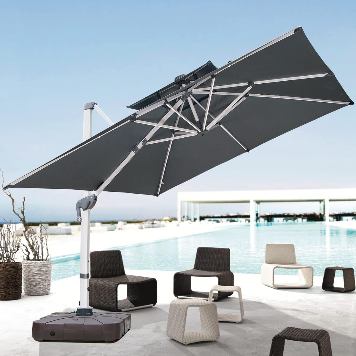 Cantilever Patio Umbrella with Cross Base and Cover Included - 360° Rotation Large Heavy Duty Offset Outdoor Umbrella with Easy Tilt for Pool Backyard Deck Garden (10X10 FT Grey)