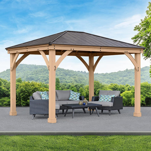 10 X 12 Meridian Cedar Wood Gazebo Pavilion for Patios, Decks, Garden, Backyard, Durable, Aluminum Roof