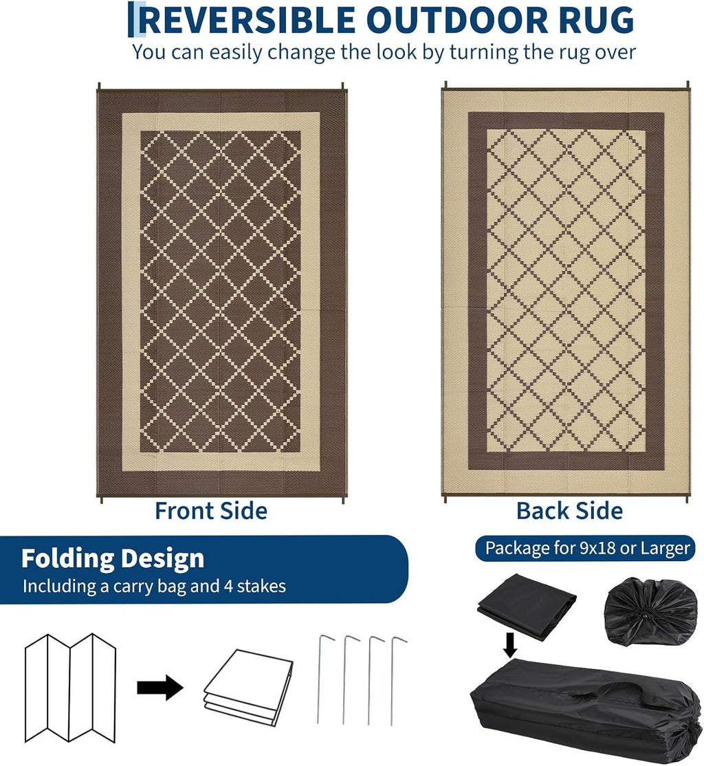 Outdoor Rug 9X18 Waterproof Reversible Plastic Straw Mat, Large Patio Rug Modern Area Rug Indoor Outdoor Rugs for Deck, Balcony, Camping, Beach, Picnic, Porch， Brown&Coffee