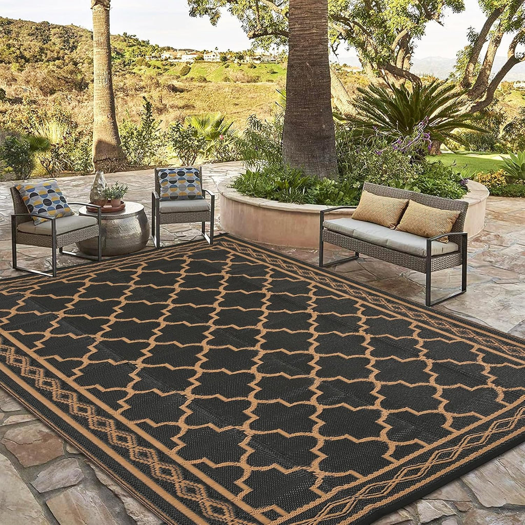 Outdoor Rug 9X18 Reversible Outdoor Plastic Area Rug Modern Decorative Carpet for Patio Deck Balcony, Waterproof Lightweight RV Mat for Porch,Camper,Backyard, Black/Brown