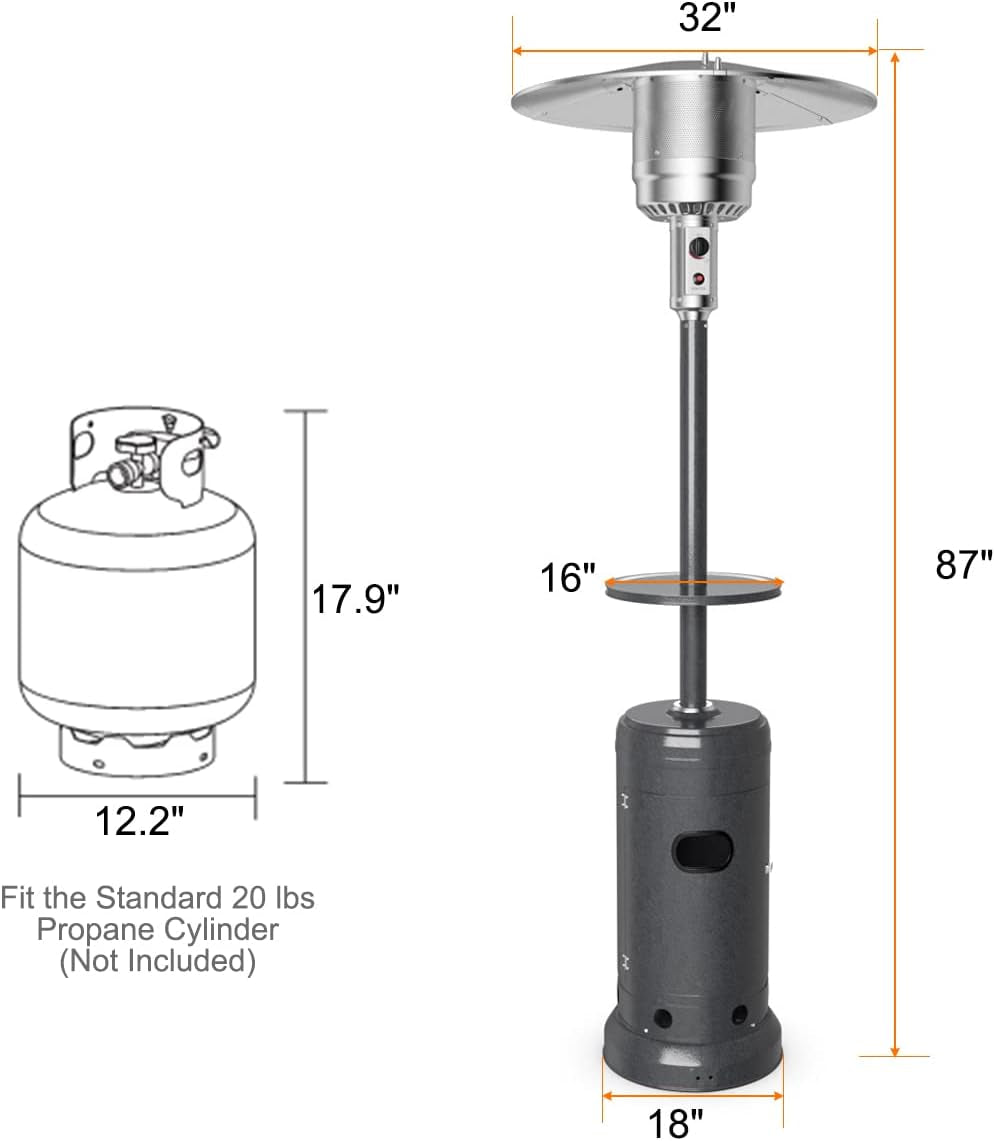 Outdoor Propane Heater, 50000 BTU Standing Gas Heater W/Shelf Tabletop & Wheels, Tip-Over Protection & Auto Shut Off, CSA Certified, Portable Patio Heaters for Home & Commercial Use (Grey)