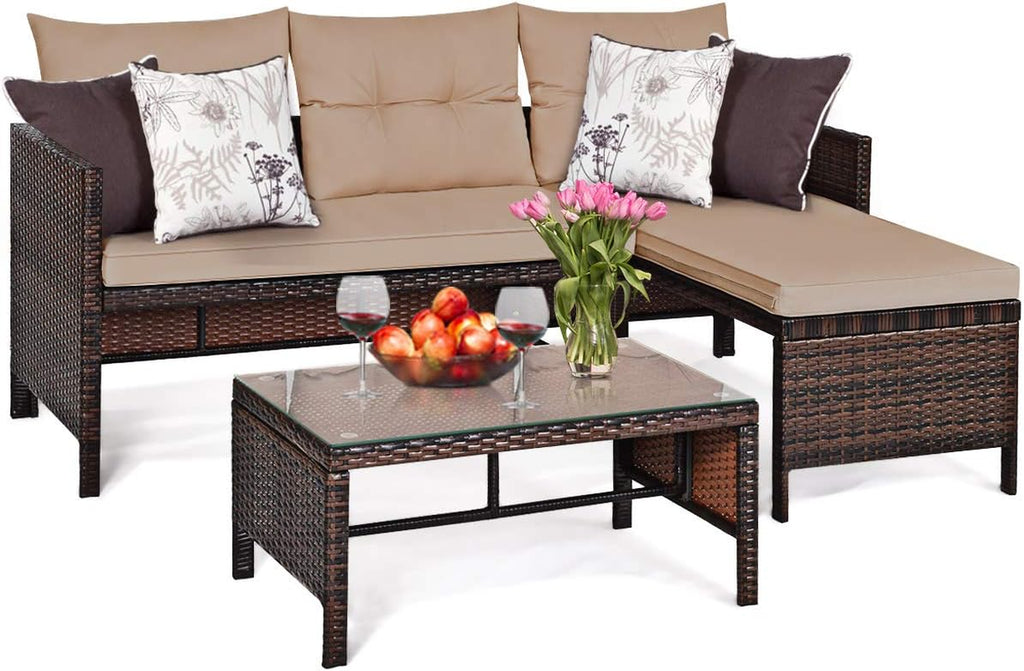 Patio Corner Sofa Set 3 Piece, Outdoor Rattan Sofa Set, Includes Lounge Chaise, Loveseat & Coffee Table, Patio Garden Poolside Lawn Backyard Furniture