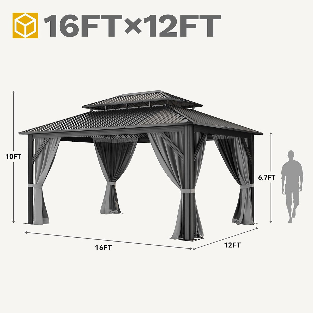 16X12Ft Metal Gazebo Hardtop Double Roof Canopy Outdoor Gazebo