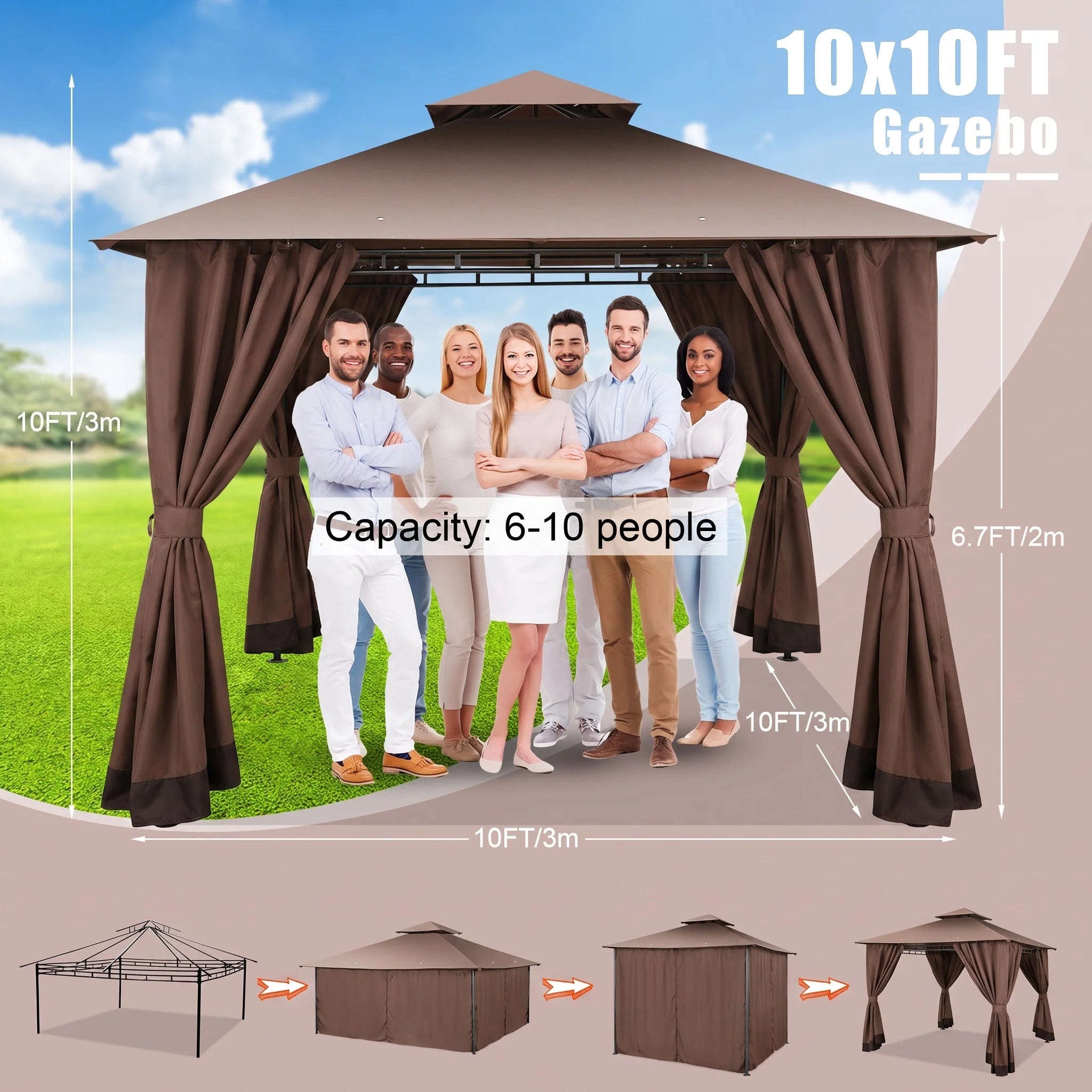 10'X10' Gazebo Canopy Tent, Assembled Style Wrought Iron Gazebo Tent with 4 Detachable Sidewalls, Rainproof & Sunproof Gazebo Canopy for Tailgate, Yard, Beach