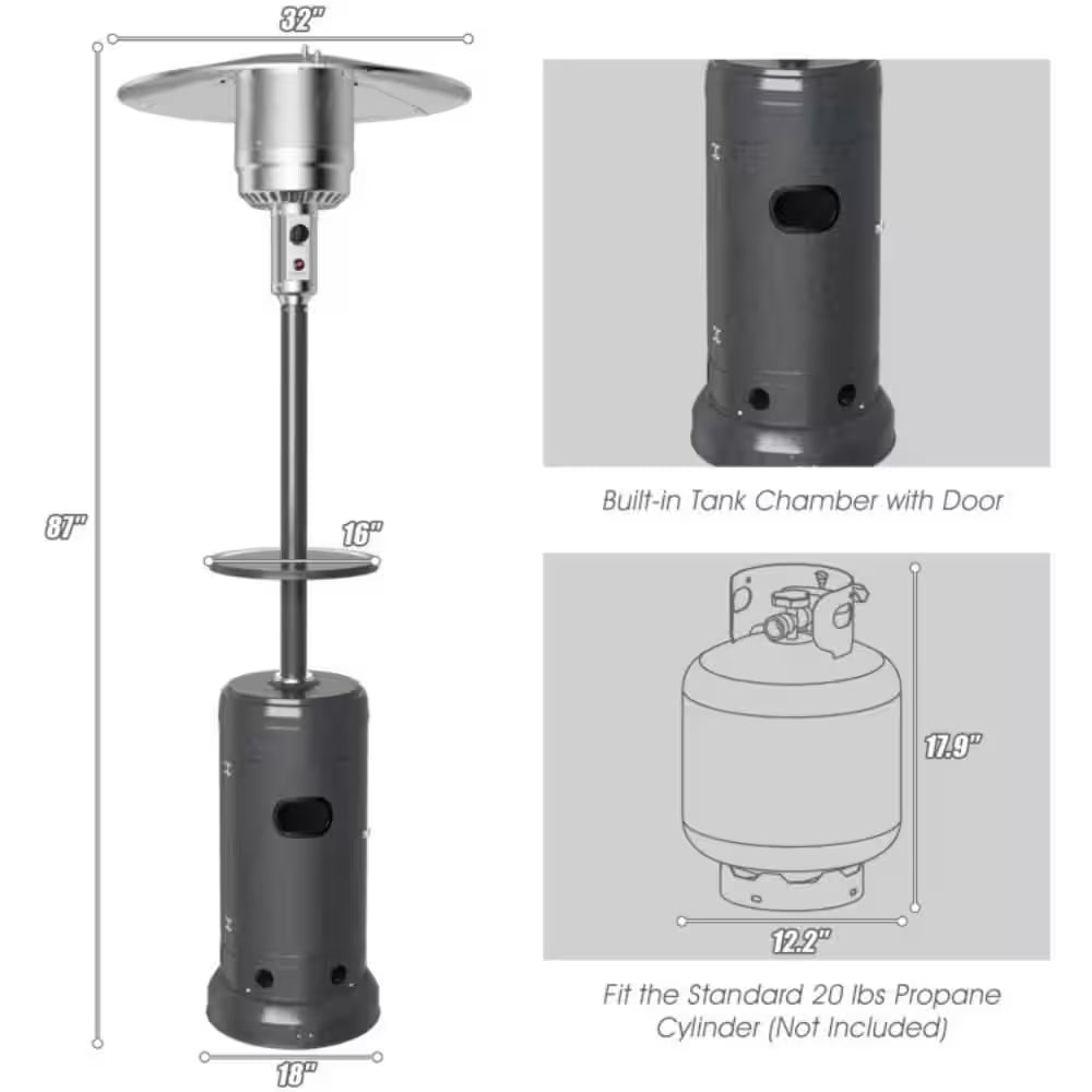 48,000 BTU Gray Outdoor Propane Patio Heater with Table and Wheels, Tip-Over Protection, Freestanding Outdoor Heater