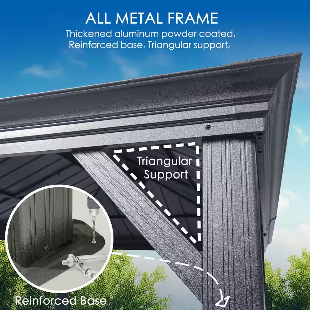 Alexander 14 Ft. D X 9 Ft. H X 12 Ft. W Aluminum Hardtop with Gazebo Galvanized Steel Roof, Nettings & Curtains(Gray)