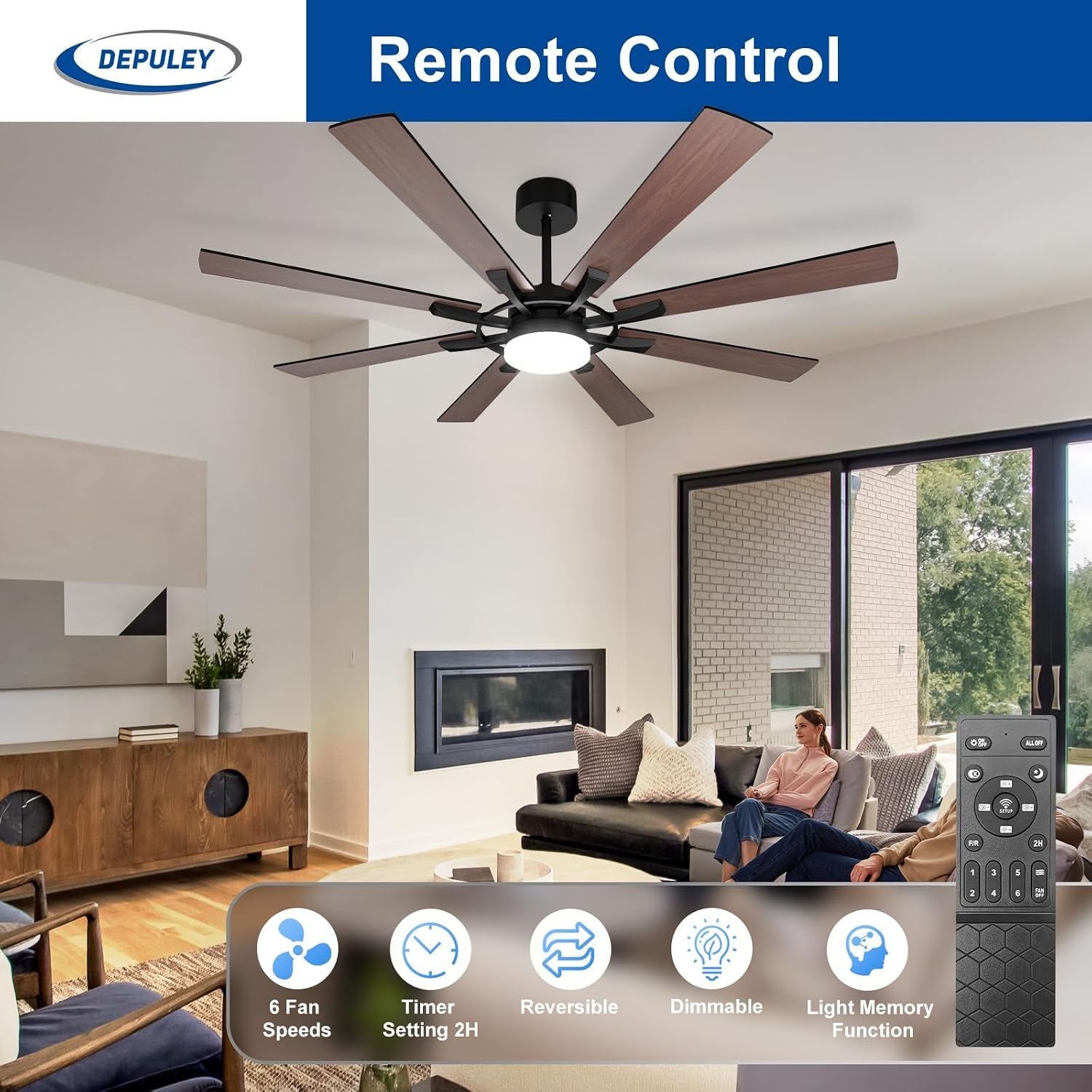 72-Inch Ceiling Fan with Light: Modern 8-Blade Walnut and Black Indoor Outdoor Fans with Remote Control Dimmable Light - Ultra Quiet DC Motor Reversible 6 Speed Timer