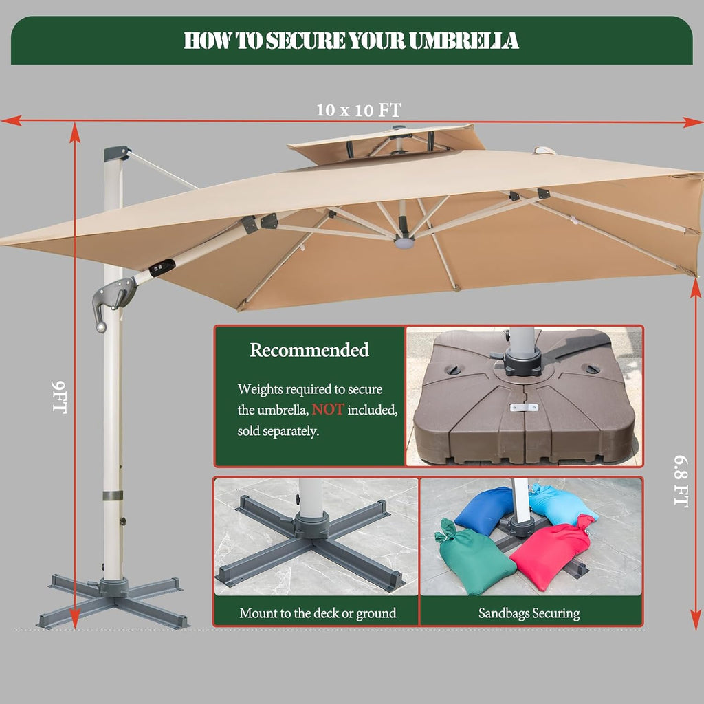 10X10 FT Square Cantilever Patio Umbrella with Solar LED Lights and Cross Base, 360° Rotation Large Heavy Duty Offset Outdoor Umbrella with Easy Tilt for Pool Backyard Deck Garden, Khaki
