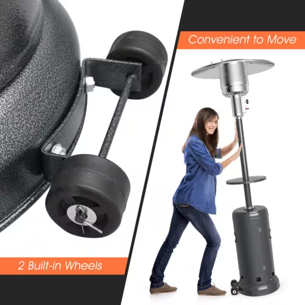 48,000 BTU Gray Outdoor Propane Patio Heater with Table and Wheels, Tip-Over Protection, Freestanding Outdoor Heater