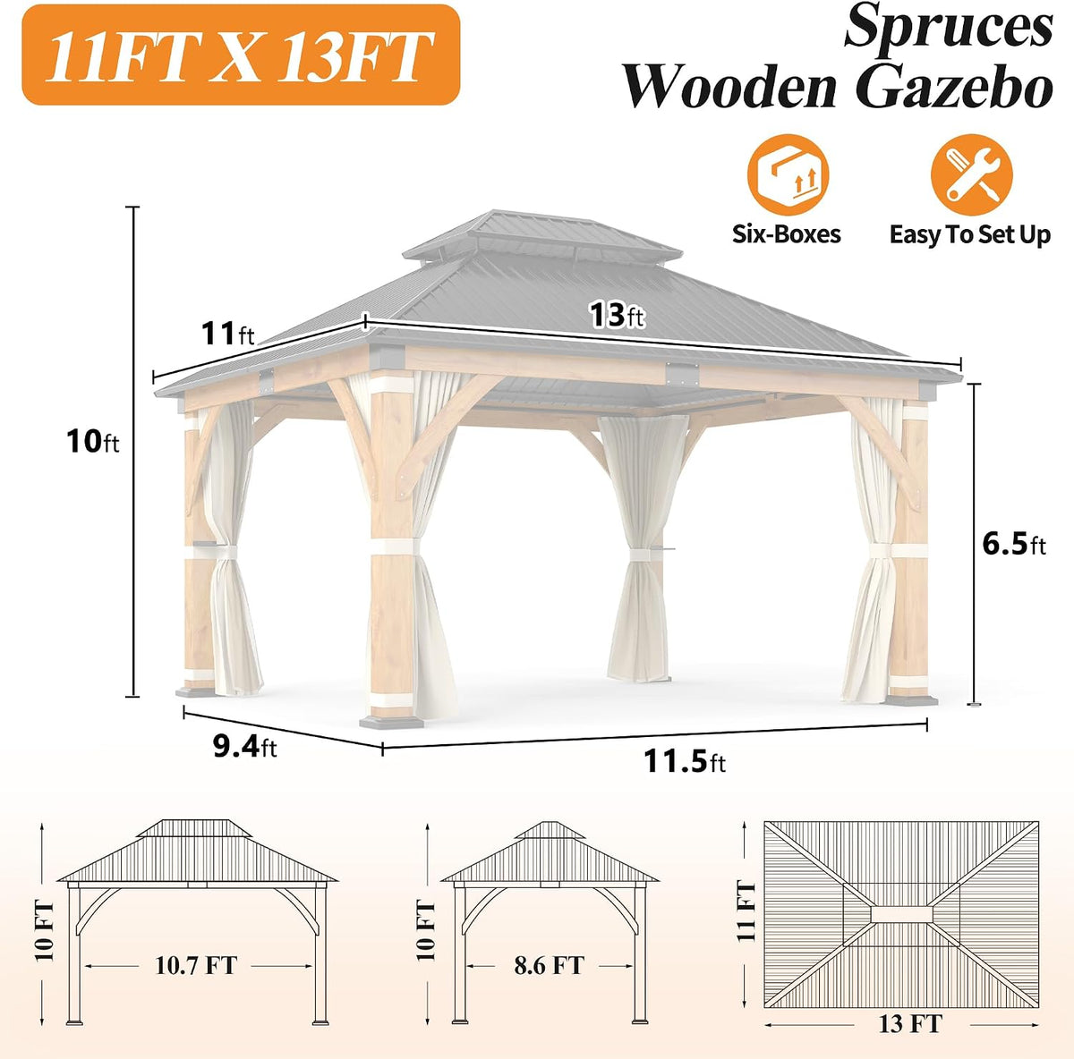 11’X 13’ Outdoor Spruce Wood Gazebo, Patio Hardtop Gazebo