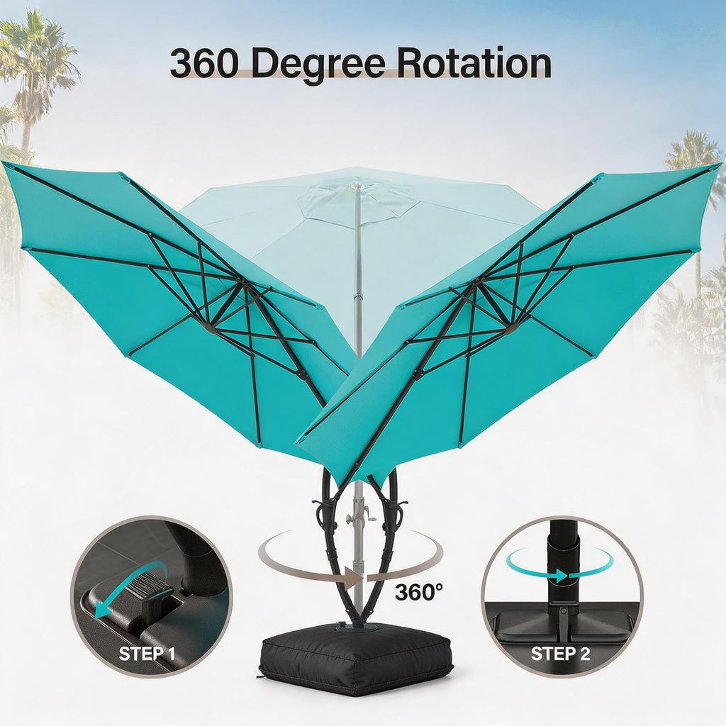 12FT Curvy Cantilever Patio Umbrella with Base, 360° Rotation Offset Outdoor Umbrella, Heavy Duty Hanging Umbrella for Backyard, Pool, Garden（Turquoise Blue）