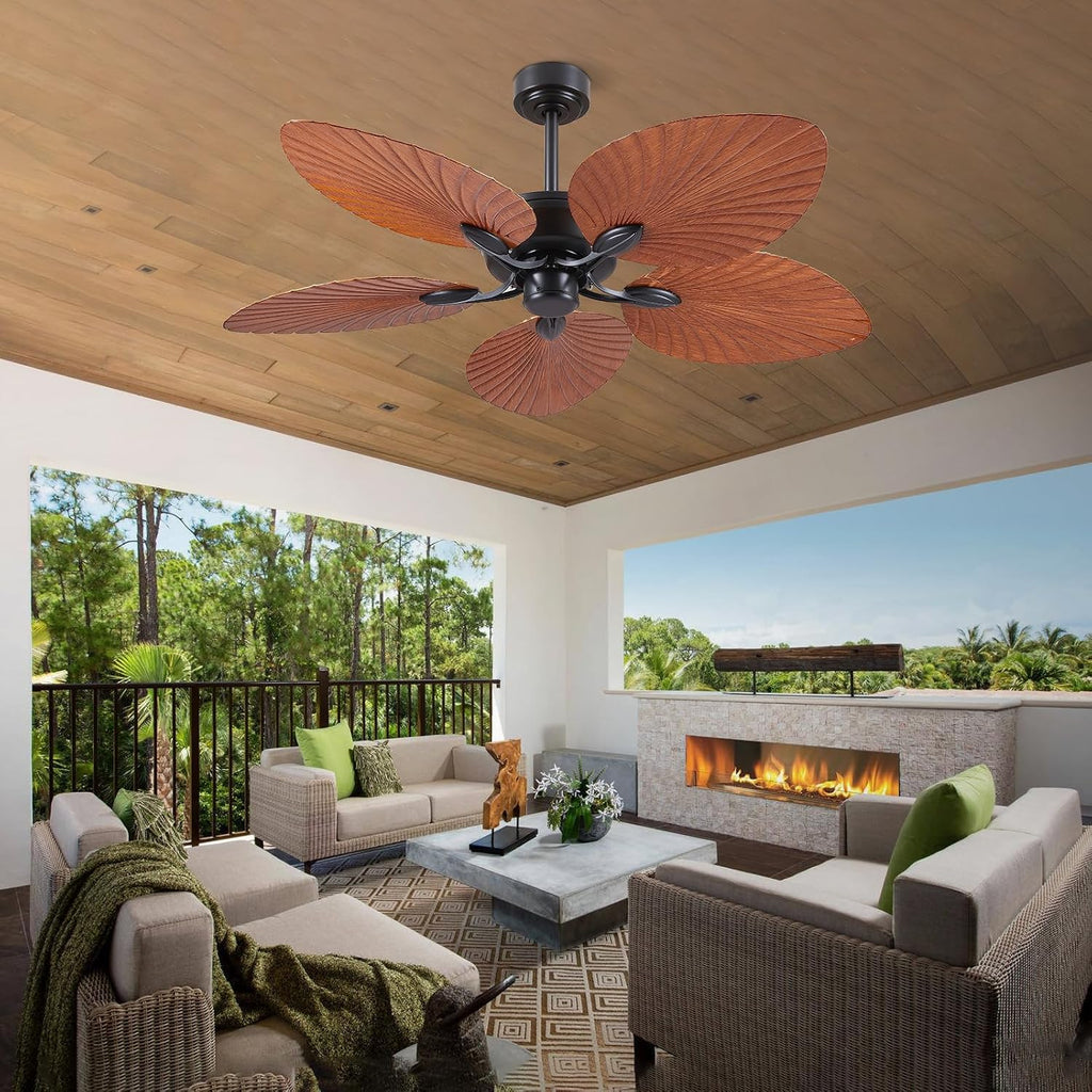52 Inch Waterproof Outdoor Palm Leaf Ceiling Fans without Lights and Remote