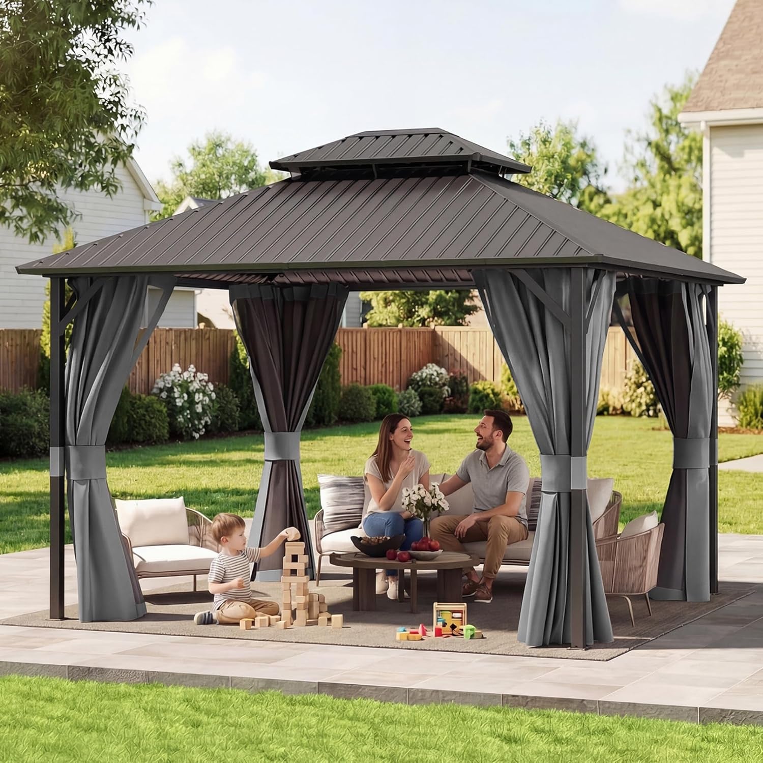 10'X12' Hardtop Gazebo, Metal Galvanized Steel Double Roof, Grey
