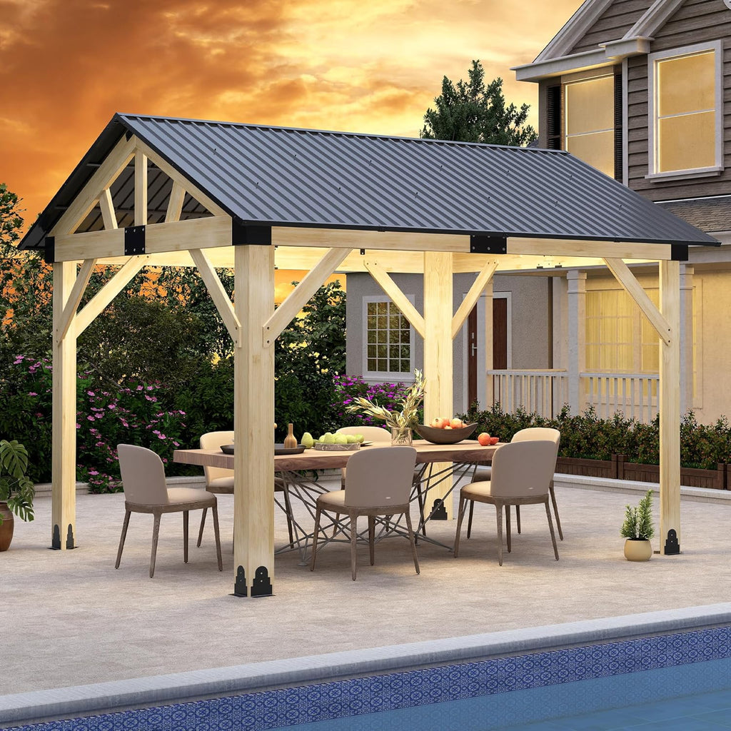 10' X 12' Wood Gazebo, Outdoor Cedar Hardtop Wooden Frame Gazebos with Galvanized Steel Roof for Garden, Patio, Deck