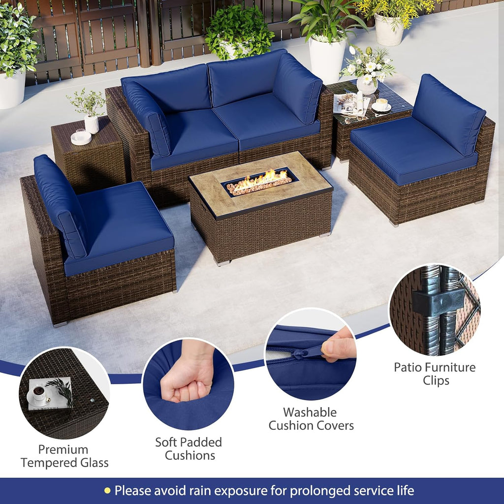 7 Pieces Patio Furniture Set with 32” Fire Pit Table and Propane Tank Cover, Outdoor PE Wicker Sectional Conversation Set with Cushions for Deck, Backyard, Protective Cover Included