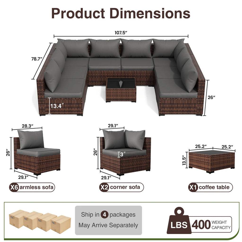 Patio Furniture Set, Outdoor Patio Furniture Wicker Furniture Couch Set, 9 Pieces Outdoor Sectional Sofa, Patio Furniture Set, Outdoor Patio Set for Porch Furniture (Grey)