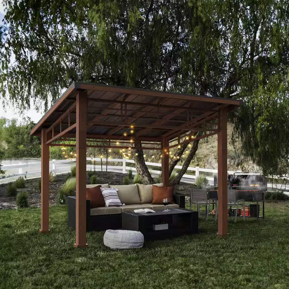 Chandler 10 Ft. X 12 Ft. Brown Cedar Wooden Gazebo Pavilion with Hard Top Iron Slope Roof Grill Gazebo