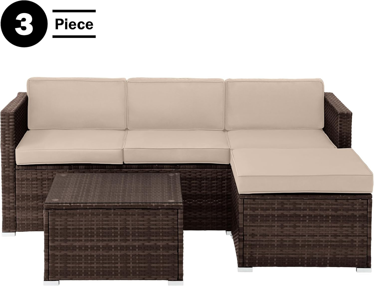 Patio Furniture Set - 3-Piece Rattan Outdoor Sectional, Ottoman, and Table Combo - Deck, Pool, Sunroom, or Backyard Furniture (Brown)