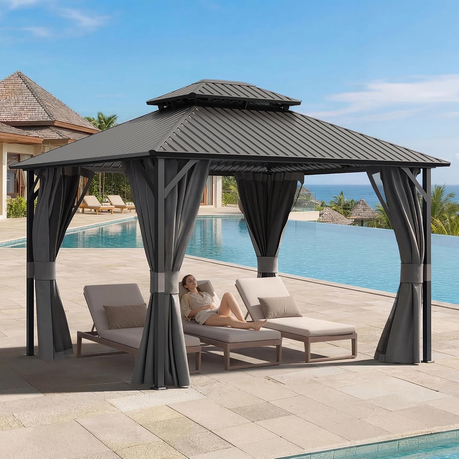 10'X12' Hardtop Gazebo, Metal Galvanized Steel Double Roof, Grey