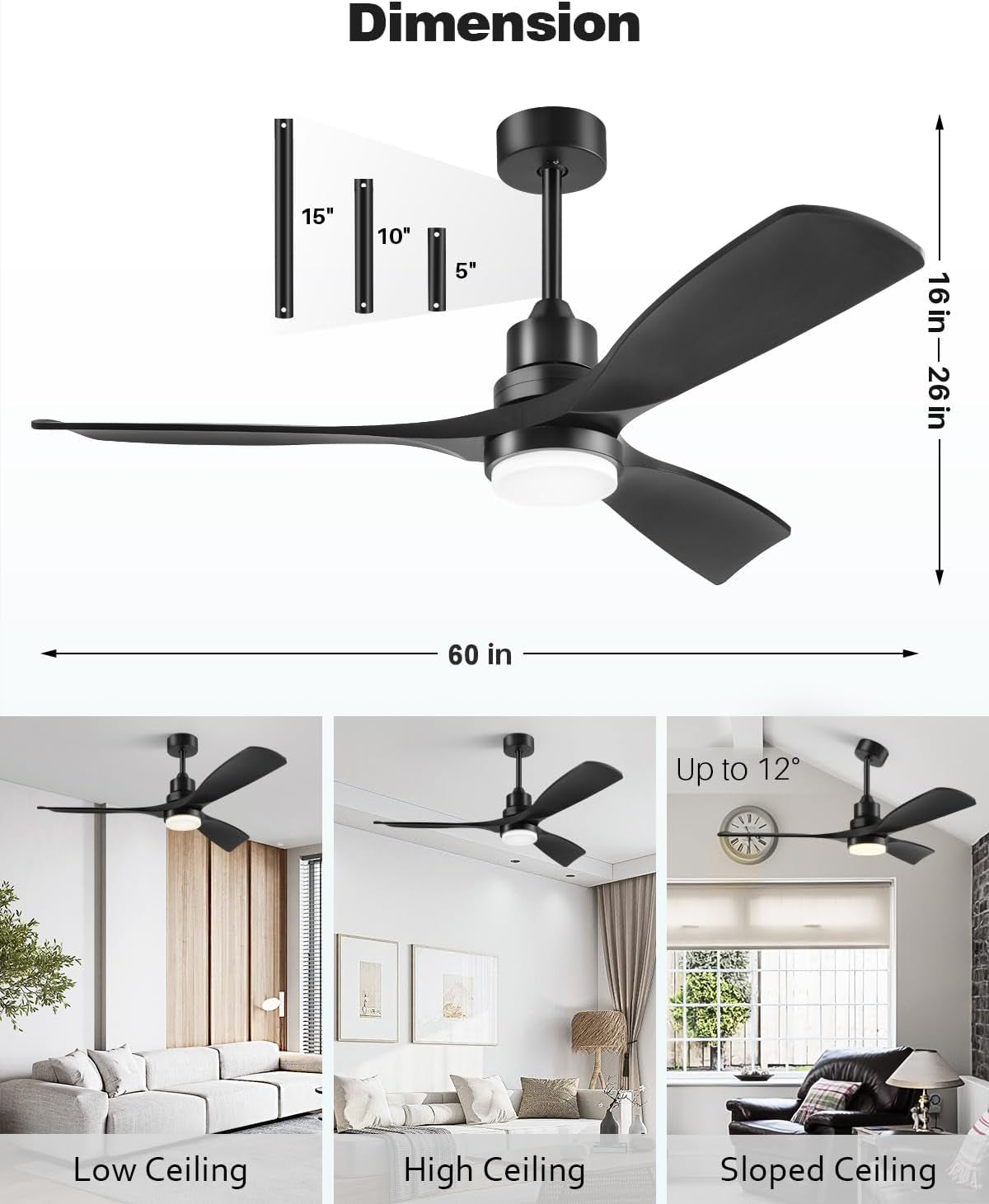 60 Inch Black Ceiling Fans with Lights and Remote, 3 Wood Blades