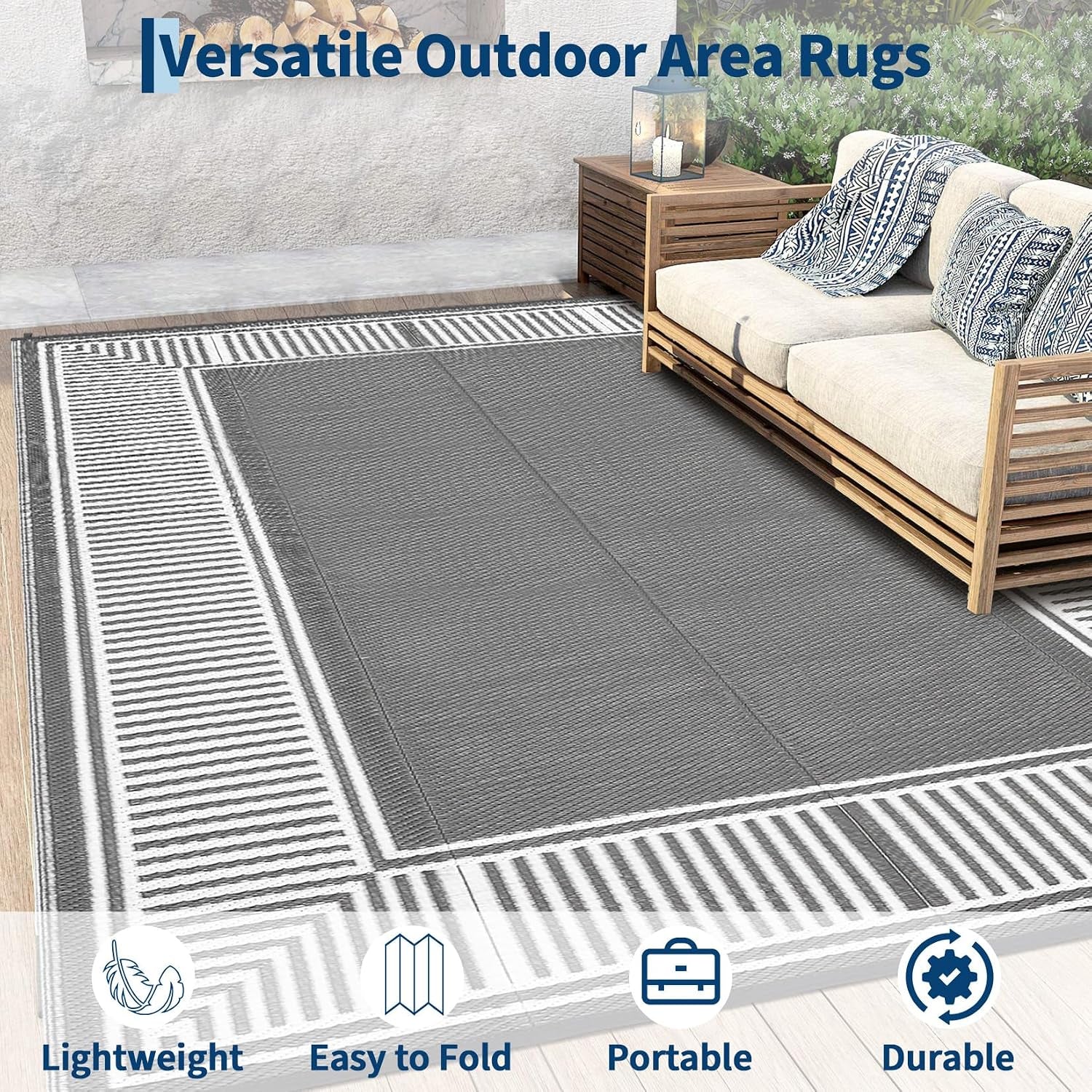 8X10 Outdoor Rug Waterproof Plastic Straw Rug Border Grey
