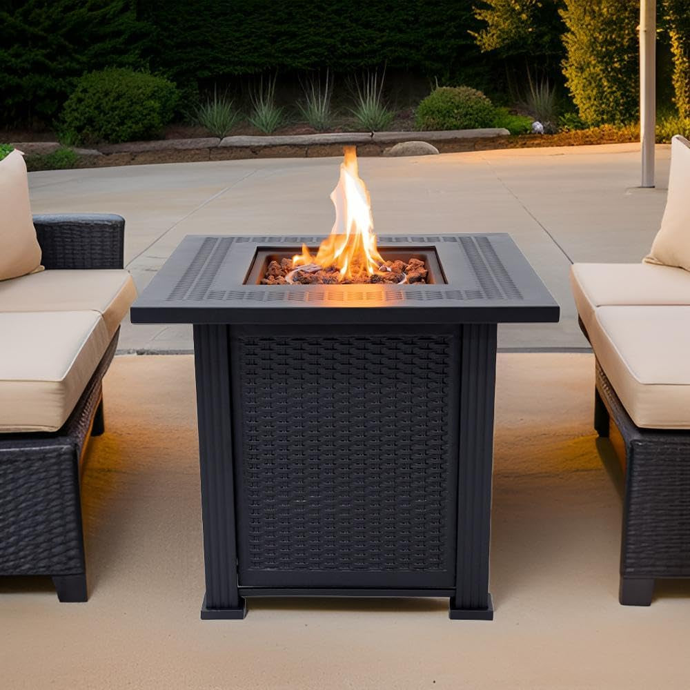 Lausanne Propane Fire Pit Table 28” Outdoor Firepit 50,000 BTU Firepits for outside with Lava Rocks and Removable Lid Metal Fire Pit Outdoor Fireplace Propane Fire Pits for outside CSA Certified