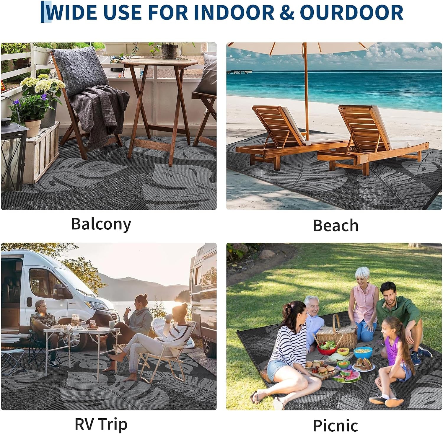 Outdoor Patio Rug 9X12 Waterproof Reversible Mat Leaf Tropical Outdoor Plastic Straw Rug with 4 Stakes and Starage Bag Portable Area Rug for Camping Porch Deck Rv Balcony Backyard Beach, Black