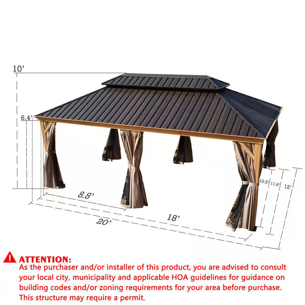 Apollo 12 Ft. X 20 Ft. W Wood like Aluminum Hardtop Gazebo with Galvanized Steel Roof and Mosquito Net