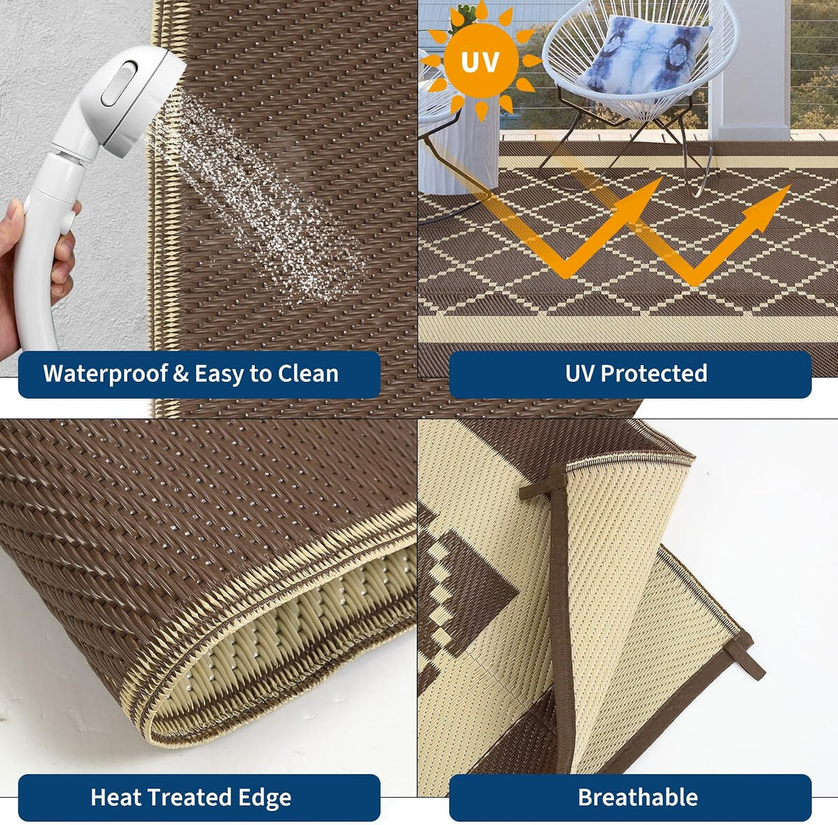 Outdoor Rug 9X18 Waterproof Reversible Plastic Straw Mat, Large Patio Rug Modern Area Rug Indoor Outdoor Rugs for Deck, Balcony, Camping, Beach, Picnic, Porch， Brown&Coffee