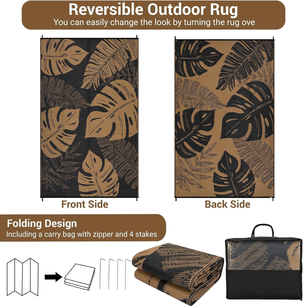 9X12 Outdoor Rug Waterproof Foldable Plastic Straw Carpet for Patio Porch Modern Leaf Print Reversible Mat Lightweight Floor Mat for Picnic, Rv, Beach, Deck, Camper, Balcony，Black/Brown