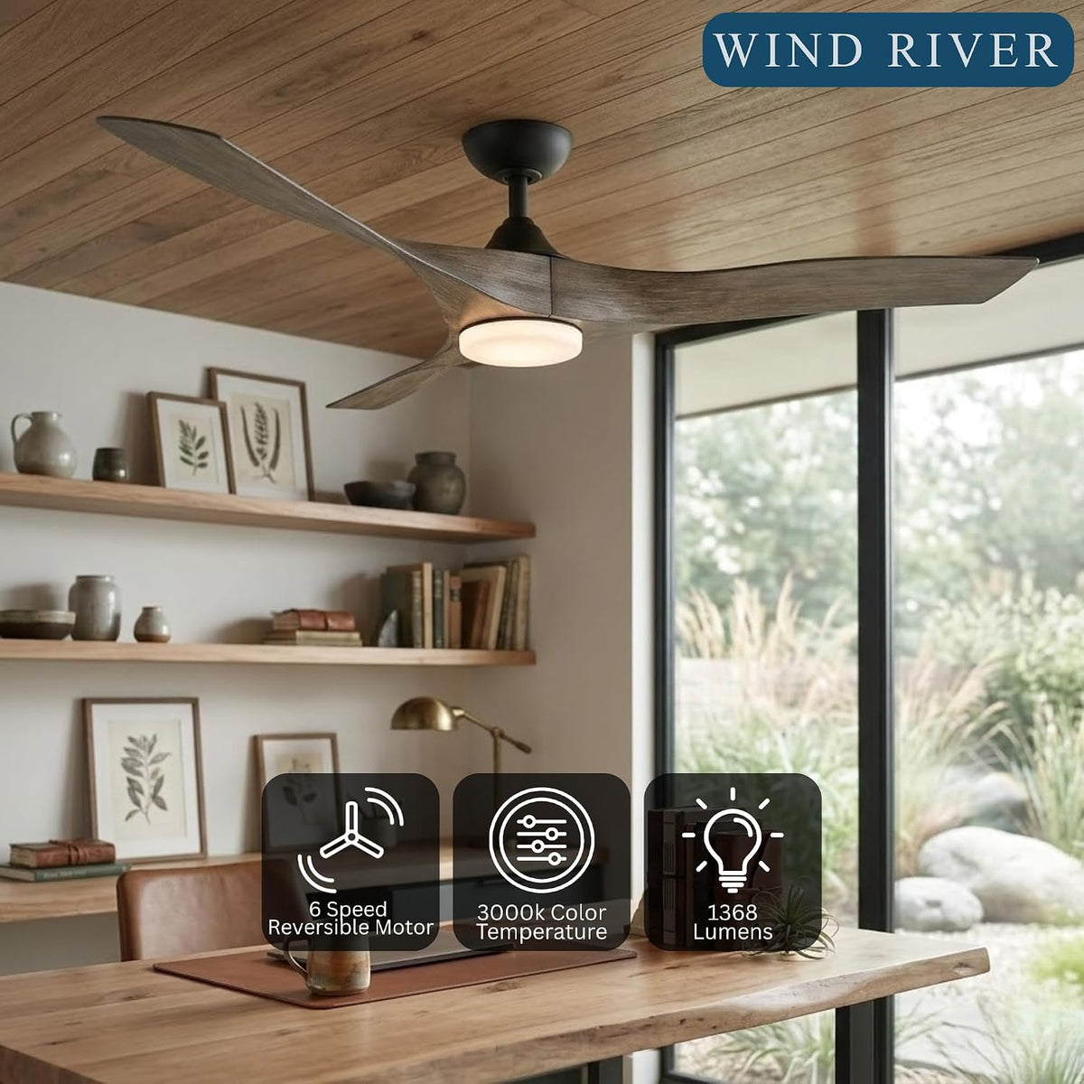 WR1801MBVO Willow 60 Inch Indoor/Outdoor Smart Ceiling Fan | 1368 Lumens Integrated LED 3000K | Matte Black Finish with Vintage Oak Blades | Remote Control | 6 Speed DC Motor | Damp Rated