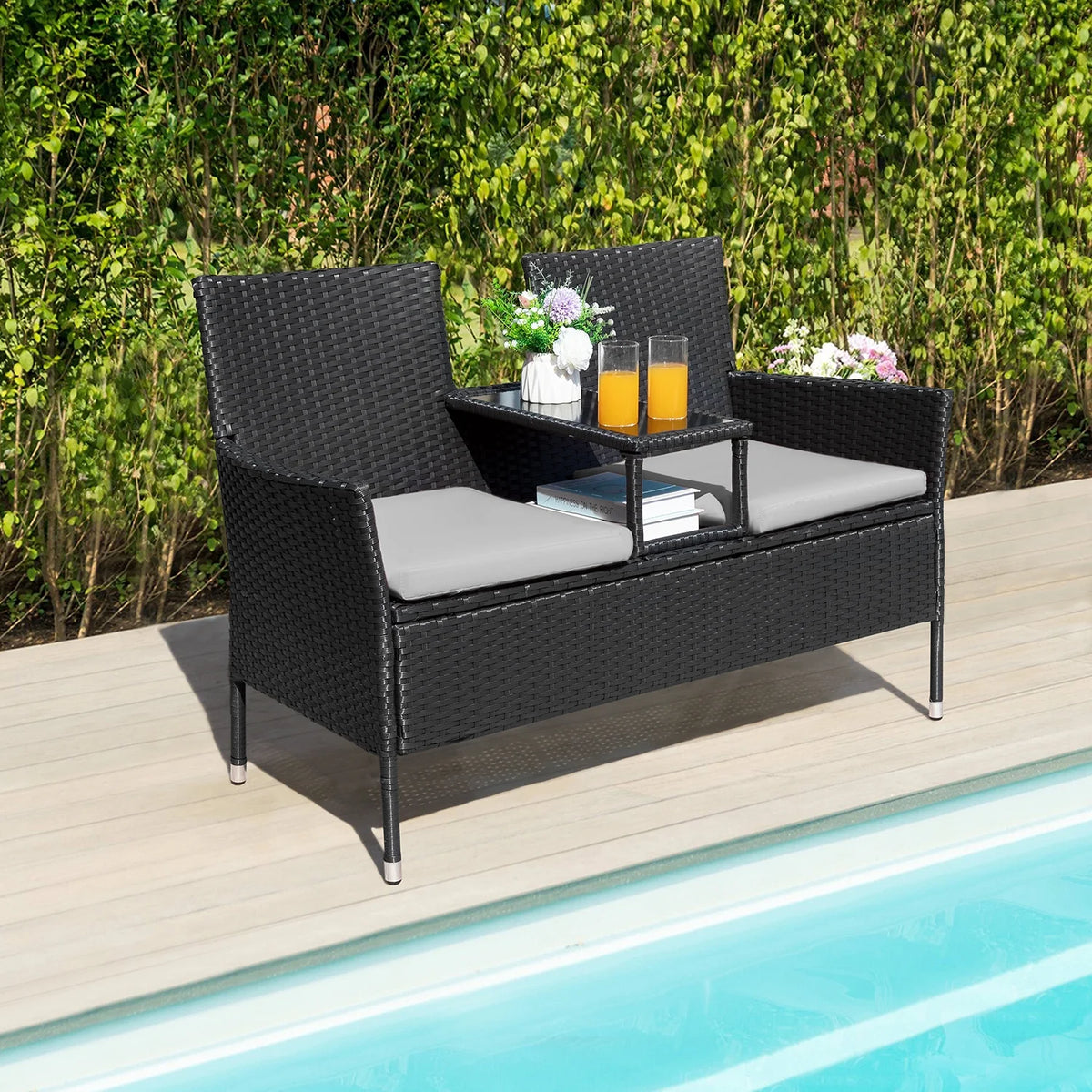 Outdoor Patio Loveseat Modern Rattan Patio Conversation Furniture Set with Cushions & Built-In Coffee Table Porch Furniture for Garden Lawn Backyard, Gray