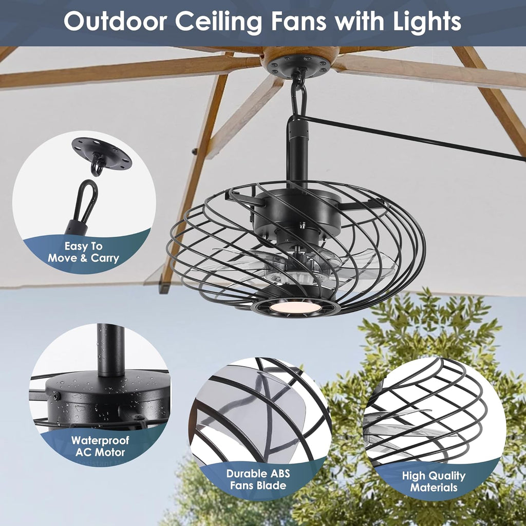 15" Black Outdoor Ceiling Fan with Remote Dimmable Light
