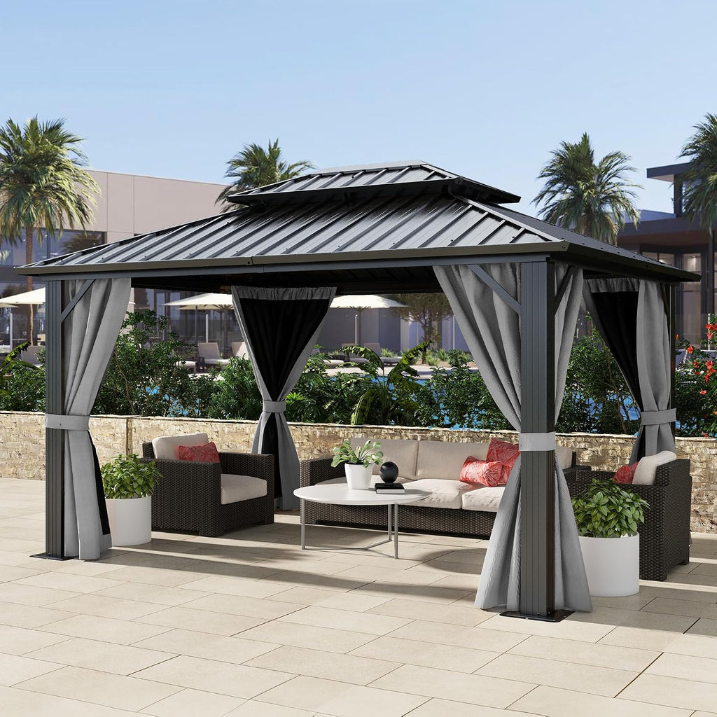 10X12Ft Hardtop Gazebo Double Roof with Nettings and Curtains