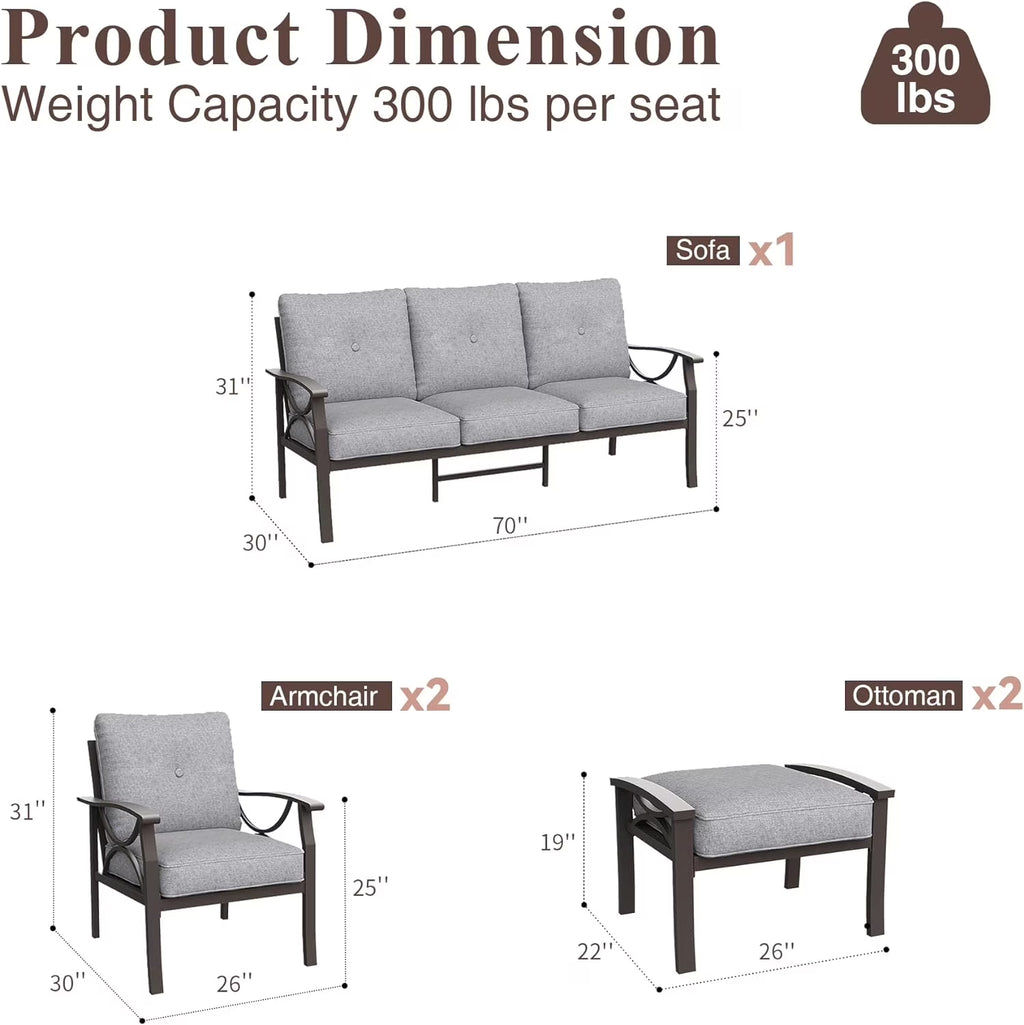 Outdoor Patio Furniture Set, 5 Piece Patio Conversation Set with Ottomans, Metal Furniture Set for Porch Backyard Garden, Grey