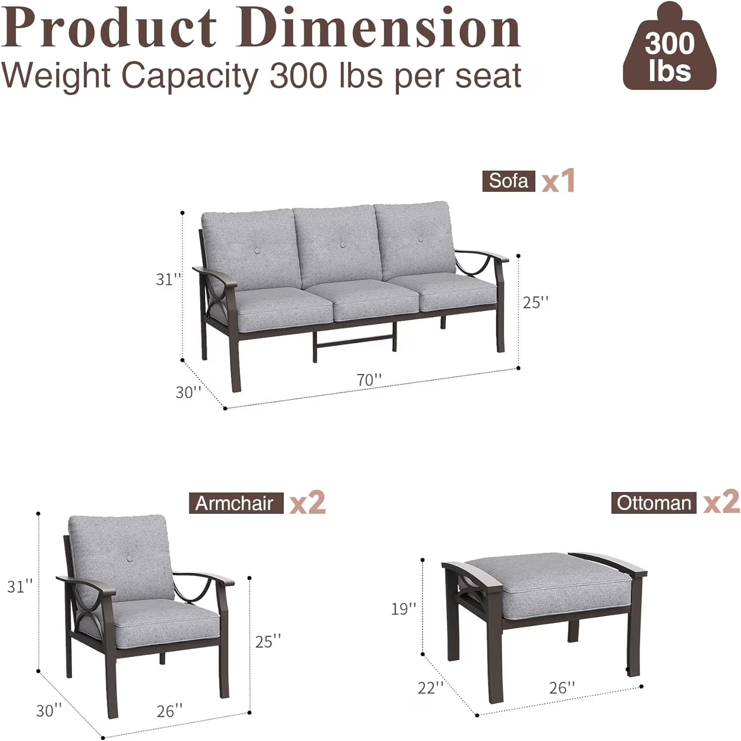 Outdoor Patio Furniture Set, 5 Piece Patio Conversation Set with Ottomans, Metal Furniture Set for Porch Backyard Garden, Grey