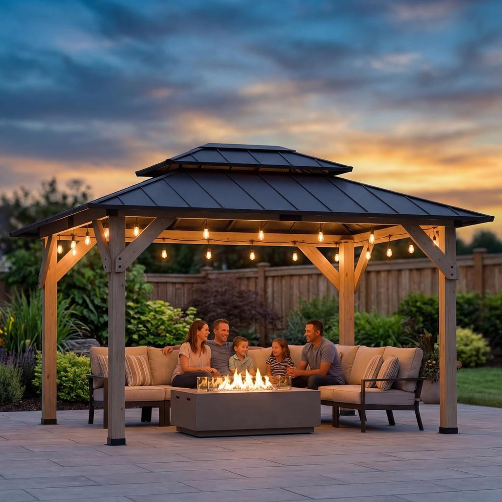 10' X 12' Outdoor Wood Gazebo,Metal Hardtop Gazebo Color DIY