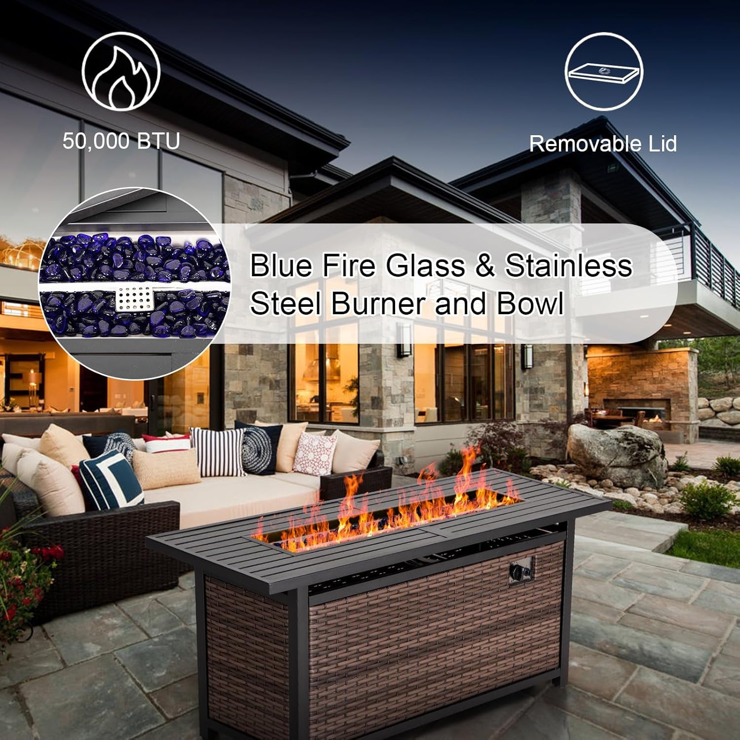 56 Inch Gas Fire Pit Table,Rectangular Propane Fireplace