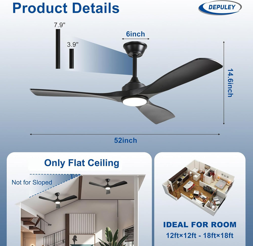 52-Inch Ceiling Fan with Light: Black 3 Blade Outdoor Fans for Patios - Dimmable Indoor Fan with Remote Control Fandelier for Living Room Bedroom Porch Quiet Motor Reversible 6 Speed Timer