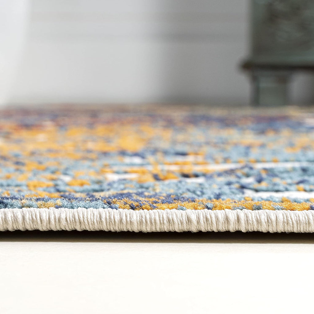 Ornate Trellis Indoor Outdoor Runner Rug 2X8 Cream/Blue/Orange, Cetara for Backyard, Patio, Porch, Easy-Cleaning, High Traffic, Pet-Friendly, Non-Shedding (AMC111A-28)